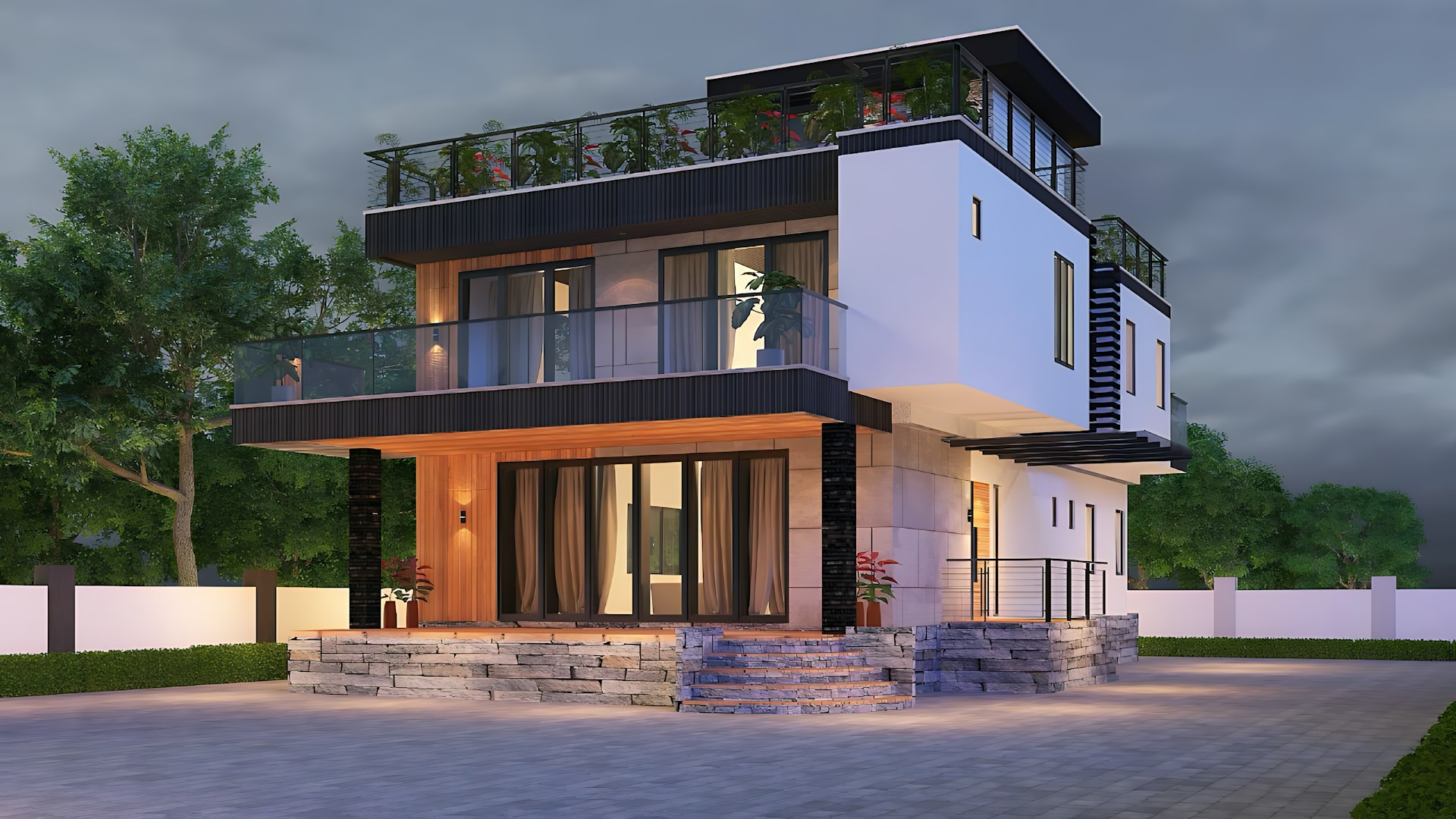 Modern multi-story house with balconies and rooftop garden.